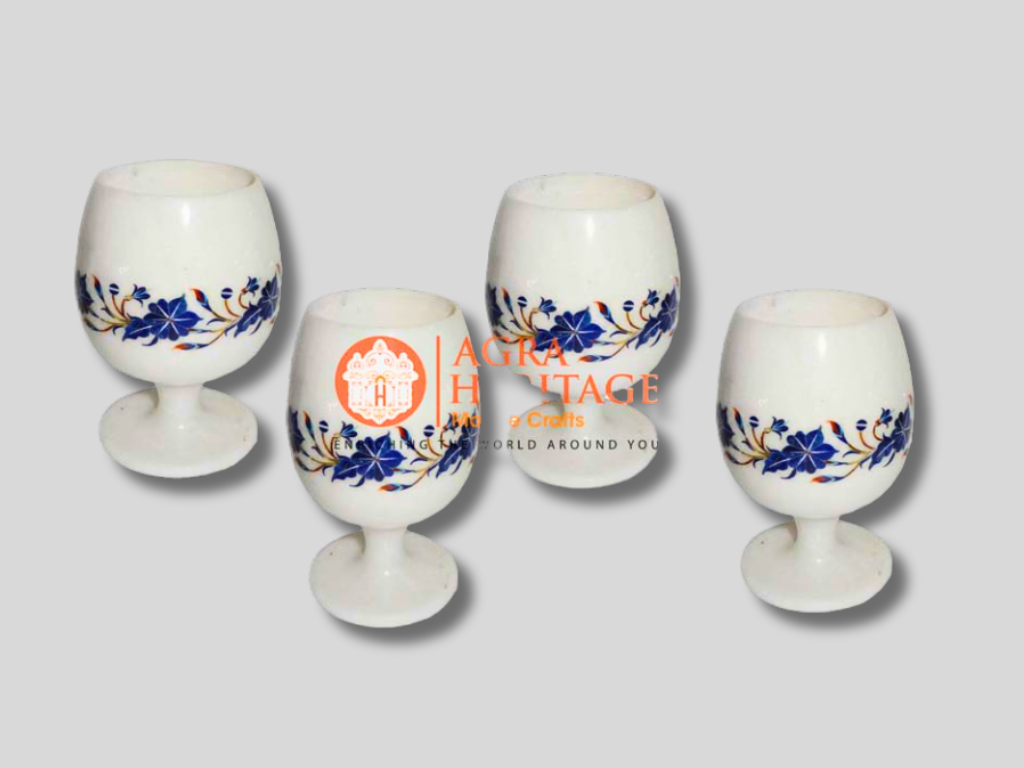 White Marble Set of 4 Glass Lapis Lazuli Inlay Floral Decor